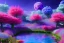 Placeholder: monde en fleurs, blue lake, flower tree-houses, concept art, crépuscule , fuksia bleu oranger, vibrant Color, réaliste, riviere bleu, tree-house bougainvillier, roses