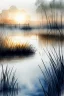 Placeholder: Reeds, lake, reflection, sunrise, Misty morning, ducks on the water, birds in the sky smooth intricate high definition beautiful lighting pencil sketch watercolor polished warm light LNF