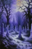 Placeholder: A purple graveyard with dancing ghosts painted by Alan Sorrell