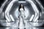 Placeholder: photorealistic slim woman looking like Drusilla with white boots in a heroic pose at the entrance to a spaceship