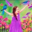 Placeholder: a girl in the garden with colorful bird singing