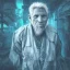 Placeholder:  3D render of a cyberpunk tribal old man, gray hair and goatee, on a dark blue jungle background, digital art