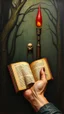 Placeholder: Bosch style painting , A 3D evil hand holding a book up