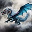 Placeholder: a sturdy colorful asian dragon with bat wings and curly white fur, smokey breath and fire, claws, spikes along back, a long tail, moving forward towards viewer, out of the smoke and mist, webbed wings, attacking