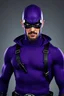 Placeholder: full-length, A portrait of a the Phantom, a man with piercing blue eyes, a chiseled jaw, goatee, timeless face, stern expression, Wearing a skintight formfitting purple cotton hero suit with a skintight cowl with a widows peak that fits tight to his head, but does not cover his face or his forehead , he wears a thin, black leather, bandit eye disguise over his eyes, black and blue diagonally striped trunks, dual-holstered pistol belt adorned with a triangle skull-shaped buckle, leg straps, boot