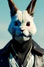 Placeholder: Medium Close Up Portrait, Front image. cyberpunk, rabbit mask, Asian man, white short hair. leather, suit. White, black, red, color. Mad max style. Color background, photo studio. Avatar image, highly detailed, concept art, smooth, unreal engine 5, god rays, ray tracing, RTX, lumen lighting, ultra detail, volumetric lighting, 3d, finely drawn, high definition, high resolution.