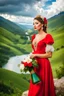 Placeholder: a woman in a red dress holding a vase, creative colorfull - makeup, with professional makeup, very very very beautiful face , nice country side with hills ,waterfall over a river with clear water,girls with perfect pretty face in folk costums closeup , very nice mountains at distant, nice clouds in sky ,wide green field with