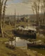 Placeholder: A brown junkyard covered in oil near a district painted by Claude Monet