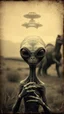 Placeholder: An old picture style of brown and white and very bad quality old camera with cracks of an Alien has no mouth and no nose just flat face and just a big eyes holding the year 1900 in the background a dinosaur from a distance with small ufo starship