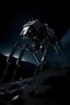 Placeholder: eight legged mechanical walker scaling a very steep rocky side of mout everest at night, it has a smooth surface, it has storage pods on its belly human can fit in the pods