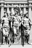 Placeholder: Architecture of ancient Rome of the II century AD Statues of ancient Roman gods contour reconstruction. The drawing is linear, in the style of vector graphics, black and white. High image quality in 8K