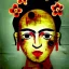 Placeholder: an abstract painting of rusted metal and flowers, Geisha portrait, rust, scaffolding, iron cladding, decay, mixed media, textured, anatomically correct, beautiful perfect face, sharp focus, highly detailed by Frida Kahlo 8k