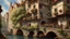 Placeholder: medieval buildings, balconies overhanging a river, blue sky and people, photorealism, trees, foliage, piers,