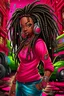 Placeholder: Create a digital airbrush cartoon of a curvy African American female wearing a hot pink jean outfit with timberland boots. Prominent make up with hazel eyes. She is wearing large diamond hoop earrings. Extremely highly detailed very long dread locs hair that shines. Background of a night club.