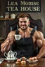 Placeholder: a young mechanic man with huge muscles and his top off enjoying high tea by himshelf with little cakes, with large title( Large throby member TEA HOUSE)