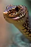 Placeholder: Close up of a Cobra snake ready to strike, head in a flat striking position. Abstract, Stunning and frightening pattern on forehead with staring eyes. Style of steampunk, chaos80, realistic and high quality