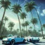 Placeholder: 1980's aesthetic vaporwave palm trees and spheres and Porsche with lightning on fish eye filter