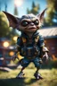 Placeholder: bat gremlin scout pimp hippie, hovering with glowing jets from rocket backpack in the backyard, in the style of a fallout 4,bokeh like f/0.8, tilt-shift lens 8k, high detail, smooth render, down-light, unreal engine, prize winning