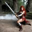 Placeholder: [a dead dragon on the floor] Karen Cheryl as Red Sonja, upon hearing about a dragon terrorizing the local villagers, decided to intervene. Armed with her sword and battle axe, she prepared herself as the dragon launched its attack. With swift precision, Red Sonja drove her sword through the dragon's mouth and followed up with a powerful swing of her battle axe across its head. The mighty beast collapsed in a heap, defeated. Standing triumphantly, Red Sonja placed her foot on the dragon’s head an