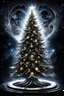 Placeholder: a beautiful illuminated silver and white light Christmas tree stands in a dark room, dark furniture outline visible, few glimmering lights, the ceiling opens and a swirling, terrifying vortex inside claws, stars, planets, demonic eyes, scary, dark atmosphere, deep colors, small details , surreal, thriller, nightmare, masterpiace