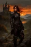 Placeholder: A formidable warrior girl in black armor, on the background Amazing gloomy landscape, flooded with sunset, mountains, trees, fabulous scary hero, , juicy emotions, painting, dark fantasy, gloomy day, dark world, portrait, Gothic Town At Night, Fantasy, Intricate Details, Castle Courtyard Gardens, Hyper Detailed, Jean Baptiste Monge, Carne Griffiths, Michael Garmash, Seb Mckinnon, Masterpiece