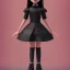 Placeholder: Jenna ortega with wednesday addams black dress,soft goth libstick, wednesday addams make up, overknee socks, dramatic lighting, highly detailed oil painting, volumetric lighting