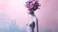 Placeholder: A digital artwork of a female figure adorned with intricate patterns and designs. The figure's body is covered in swirling lines, circles, and other abstract patterns in hues of pink, blue, and white. Her head is uniquely decorated with a bouquet of spiraling, bubble-like structures in shades of pink and blue. The background is a gradient of pink and blue, with abstract patterns that complement the figure's design. The overall ambiance of the image is dreamy and surreal.