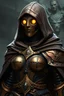 Placeholder: Female Warforged robotic cleric, with round glowing eyes, cloak, wearing copper armor, medieval style, dungeons and dragons, full body