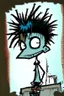 Placeholder: 2d drawing of a stickman, cool with punk hair, x eyes like in hangman, driving a porch, 3d realistic in colour