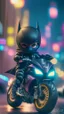 Placeholder: A happy Kawaii tiny hyper realistic baby batman riding mini ducati panigale, wearing bikers batman clothes with shooting action, night of cyberpunk city background. wide angle full body, 8k, Cinematography, photorealistic,epic composition Unreal Engine,Cinematic, Color Grading, Portrait Photography,Ultra-Wide Angle, Depth of Field, hyper detailed