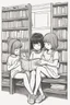 Placeholder: Little girls sitting together, reading books with rectangular-shaped pages. Incorporate rectangles for the books, bookshelves, and cozy reading nooks.,very happy , Colloring page for todlliers ; basic hawali style cartoon , black and white , ink outlines , , smooth , anime style , minimalist , cute eyes , full body , white shose , sketchbook , realistic sketch , free lines , on paper , character sheet , clean line art high detailed