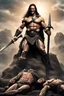 Placeholder: inspired by all the works of art in the world - laughing - Conan the Barbarian standing on a mound of dead bodies, full body image, Absolute Reality, Reality engine, Realistic stock photo 1080p, 32k UHD, Hyper realistic, photorealistic, well-shaped, perfect figure,