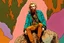 Placeholder: a George Baselitz-Peter McKinnon full body portrait of a handsome punk rock Rolling Stones blonde-brown beard guy, full body, with velvet-fur gold vibrant colored turquois-mauve-ocra-peachy hippie moth skin style Iris Van Harpen multi-layered wavey costume, sits on a big rock in a jungle, detail face, by Hieronimus Bosch. 80's Dark fantsy Movie Poster by Mario Bava