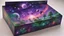 Placeholder: a box 10 cm long by 5 cm wide and 25 cm high, drawn on a box on all sides, space, tress, planets, crow galaxies a lot of colours purple, green and red, portal too others galaxy, realistic