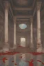 Placeholder: Broken temple with the floor covered in blood, detailed painting, sky of blood