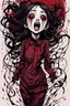 Placeholder: Petit woman fullbody with rare eyes, face distorted with pain, screaming, tears streaming from eyes, weird pose, fullbody, Junji Ito style, darkred tones,