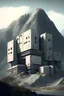 Placeholder: Settlement made up by sturdy prefabricated modern box buildings some multi storey, surrounded by concrete fortification, close to a metallic mountain range
