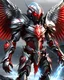 Placeholder: male silver metal armor with red and gold highlights with angel wings, flying over a glacier, glowing red eyes with the helmet covering the face entirely