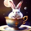 Placeholder: laughing bunny king , dreaming of the moon and stars, drinking warm tea surfing waves on a teacup,misty fantasy art, book cover