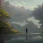 Placeholder: In the anime, a young male character is near the green lake in the sunset afternoon.