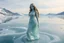 Placeholder: in a frozen sea with pretty mountains a full model lady statue with long curvy hair made and midi jeweled dress made of frozon water in artist pose standing over frozon water looking at camera, of clear glass like ice that going to melt and water drops fall from all body.