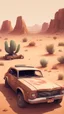 Placeholder: Fatal Order in cute junk art style. Make me a picture of an old car The car is surrounded with hunks in the desert