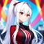 Placeholder: Clear focus, 8k, beautiful lighting, vibrant colors, girl, white hair, long hair, vibrant red eyes, ponytail, same twins, white hair, red eyes, same clothes,