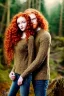 Placeholder: Jeune couple, visage hyper détaillé, réaliste. Forêt fantaisiste détaillée,paysage magnifique, Fille rousse aux cheveux raides et longs, garçon grand, musclé très longs cheveux bruns très bouclés. Fille jean pull, garçon tenue de bûcheron.