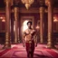 Placeholder: Hyper Realistic handsome Young shirtless muscular short hair Indian king in a traditionally beautiful Indian palace with traditional pillars with small fancy chandeliers & beautiful maroon carpet at night