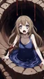 Placeholder: Anime girl with big eyes, darkblue and sepia tones, fullbody, slime, the perspective looking up from the bottom of an empty well, rolling eyes, tongue out, blood drip, open mouth,