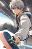 Placeholder: 8k quality realistic image of an attractive anime boy doing a skateboard trick, action, up close