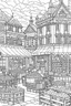 Placeholder: A coloring page of A bustling village market with gingerbread houses serving as shops, surrounded by intricate stalls selling sweets and holiday treats, a bold ink line sketch drawing illustration.