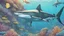 Placeholder: comic style, realistic coloring, underwater, coral reef, shark