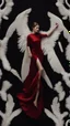 Placeholder: White wings, scissors, red dress on a black luxury carpet. Cinematic photo from above